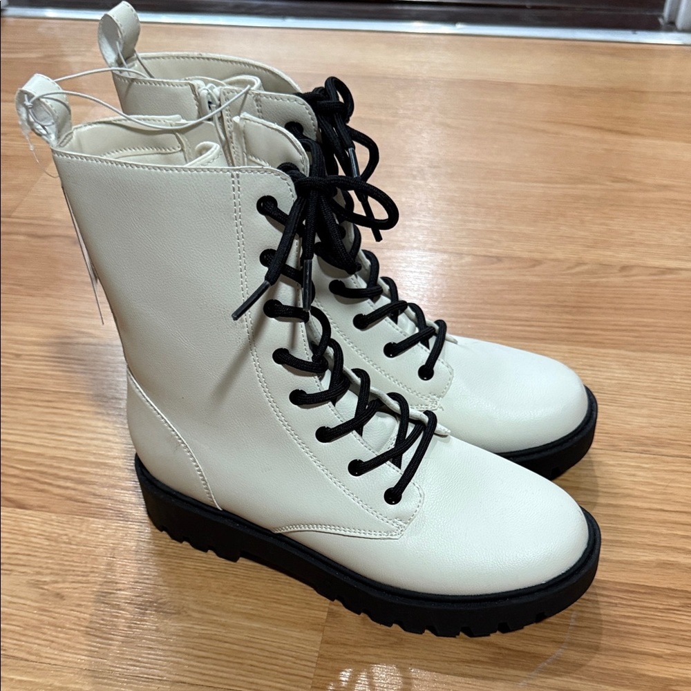 Women Lace Up Combat Ankle Boots Low Heel Round Toe Zip Up Booties size 5